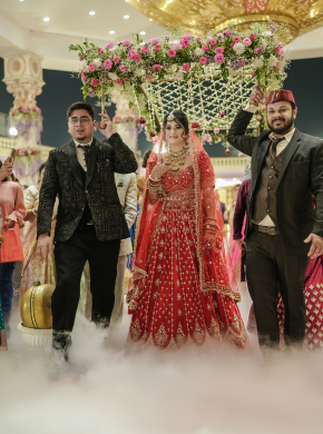 Bride and family walking together during wedding event